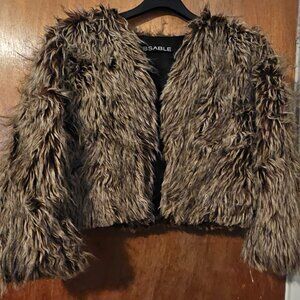 BSable Shaggy Brown Faux Fur Festival/Rave Hippie Coat Open Front Cropped
